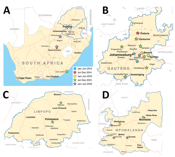 Geographic distribution of Klebsiella pneumoniae sequence type 307 with oxacillinase 181 in northeastern South Africa, January 2014–December 2016. A) South Africa; B) Gauteng Province; C) Limpopo Province; D) Mpumalanga Province. Map source: http://d-maps.com. 