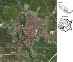 Thumbnail of Location of ovitraps in the municipality of Jojutla, Morelos, Mexico (red). The ovitraps were set according to the guidelines of the Vector Transmitted Diseases Program of the National Center of Preventive Programs and Disease Control (CENAPRECE; http://www.cenaprece.salud.gob.mx/programas/interior/portada_vectores.html). Insets show location of Morelos in Mexico (top) and Jojutla in Morelos (bottom). 