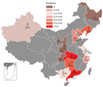 Thumbnail of Incidence rate (cases/1,000 live births) of invasive group B streptococcal disease among infants &lt;3 months of age by province, China. Number of live births per participating hospital is provided. Gray shaded areas did not participate in this study. Inset shows South China Sea Islands. BJ, Tsinghua University Hospital; CQ, Chongqing Health Center for Women and Children; CS, Changsha Hospital for Maternal and Child Health; GD, Guangdong Women and Children’s Hospital; GX, The Matern