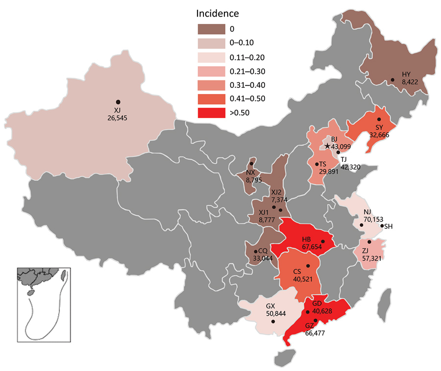 Incidence rate (cases/1,000 live births) of invasive group B streptococcal disease among infants &lt;3 months of age by province, China. Number of live births per participating hospital is provided. Gray shaded areas did not participate in this study. Inset shows South China Sea Islands. BJ, Tsinghua University Hospital; CQ, Chongqing Health Center for Women and Children; CS, Changsha Hospital for Maternal and Child Health; GD, Guangdong Women and Children’s Hospital; GX, The Maternal and Child 