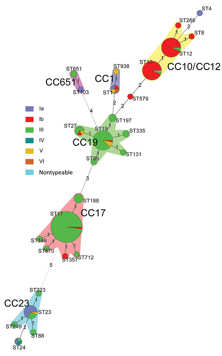 Minimum spanning tree of invasive group B Streptococcus (GBS) isolates by serotype showing the relationship between ST and clonal complex CC by serotype. Circles represent STs; size of each circle indicates the number of isolates within the specific type. The ST with the greatest number of single-locus variants is the founder ST. GBS isolate serotypes appear as different colors; shading denotes STs belonging to the same CC. CC, clonal complex; ST, sequence type.