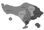 Thumbnail of Geographic origin of patients in each regency/municipality confirmed to have Streptococcus suis meningitis in Sanglah Provincial Referral Hospital, Denpasar, Bali, Indonesia, 2014–2017. Numbers of patients are shown in parentheses.
