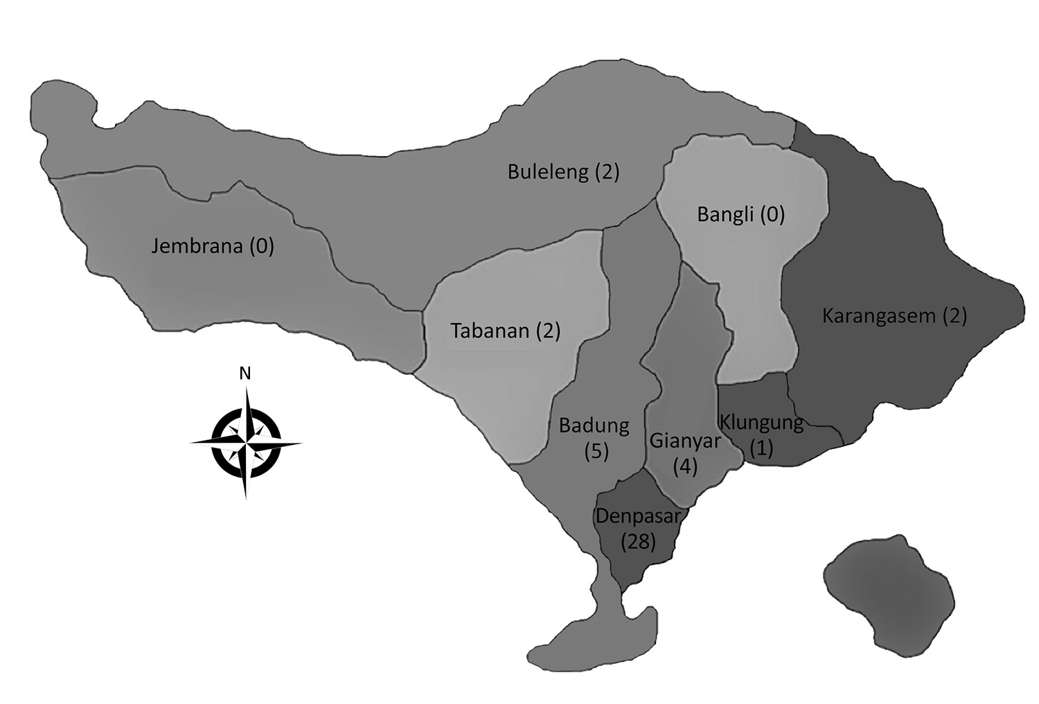 Geographic origin of patients in each regency/municipality confirmed to have Streptococcus suis meningitis in Sanglah Provincial Referral Hospital, Denpasar, Bali, Indonesia, 2014–2017. Numbers of patients are shown in parentheses.