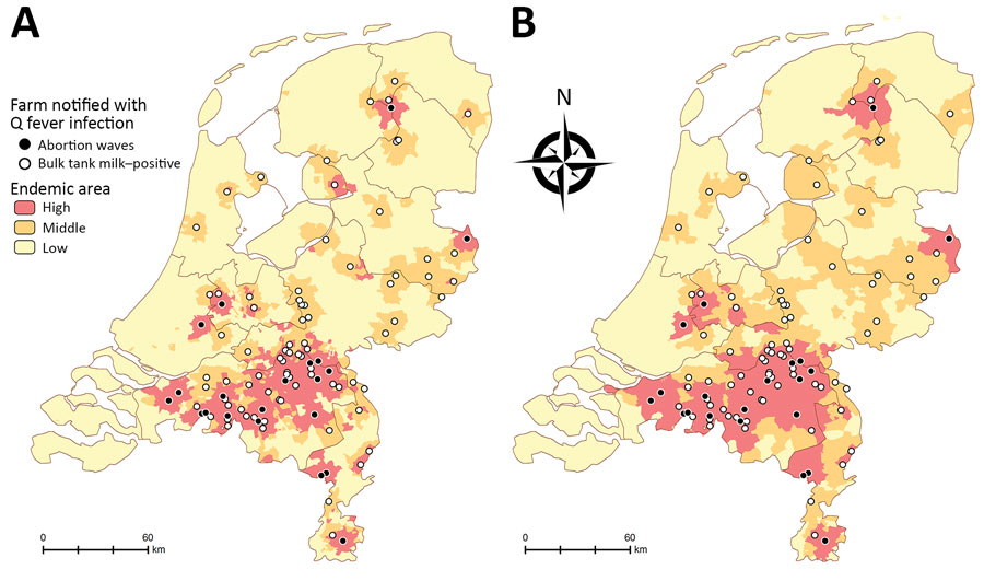 Geographic categorization of high, middle, and low Q fever incidence in the Netherlands using (A) 4-digit postal code areas and (B) 3-digit postal code areas. Incidence level was based on acute Q fever notifications and the proximity of farms with Q fever during the epidemic period (2007–2010).