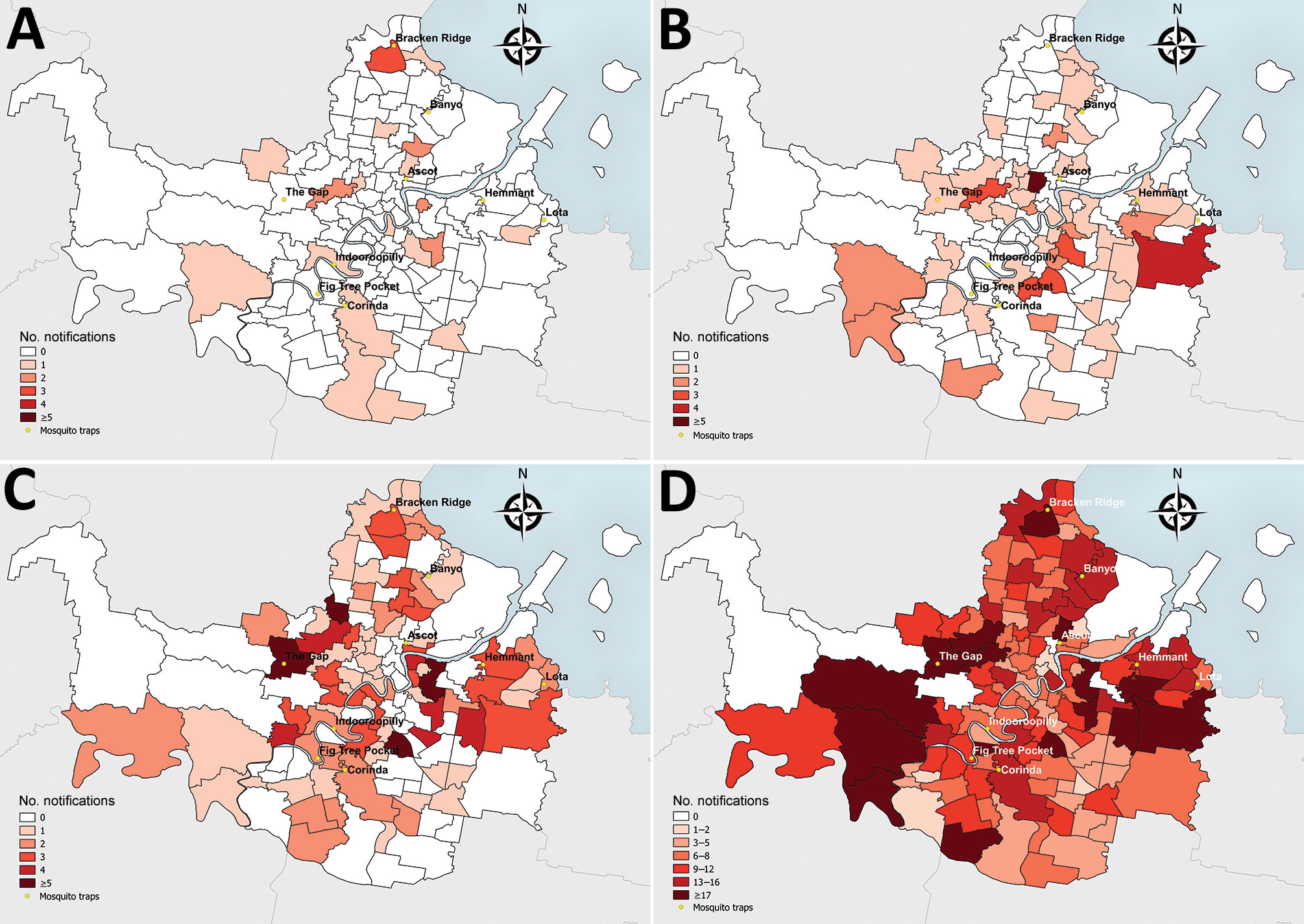 Spatial distribution of Ross River virus notifications by patient residential address and Australian Statistical Geography Standard statistical area level 2 (22) and mosquito trap sites, Brisbane local government area, Queensland, Australia, 2015. A) Week 2 (first week with an increased number of cases); B) week 6 (early in outbreak); C) week 9 (peak of notified cases); and D) weeks 2–20 combined (entire outbreak period).