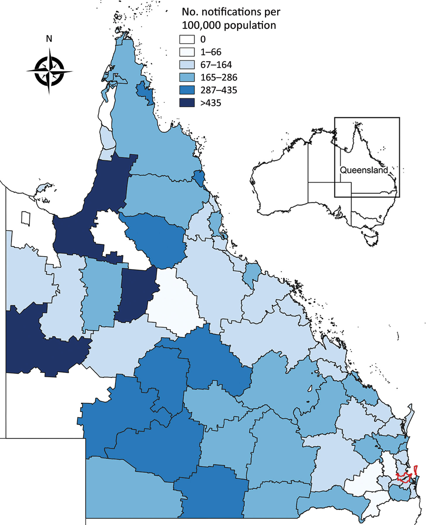 Ross River virus notification rate by local government area, Queensland, Australia, July 1, 2014–June 30, 2015. Brisbane local government area (red outline) is indicated. Inset map shows the location of Queensland in Australia.