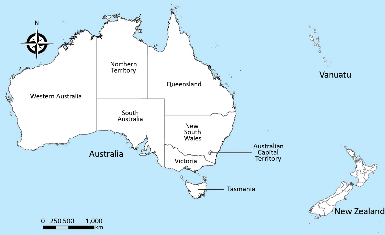 Relative locations of Australia, New Zealand, and Vanuatu.