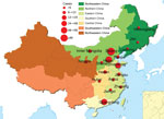 Thumbnail of Geographic distribution of 335 patients with pertussis diagnosis, China, 2014–2016. Colors indicate different administrative regions. Red circles indicate numbers of patients; the larger the circle, the more patients in the province.