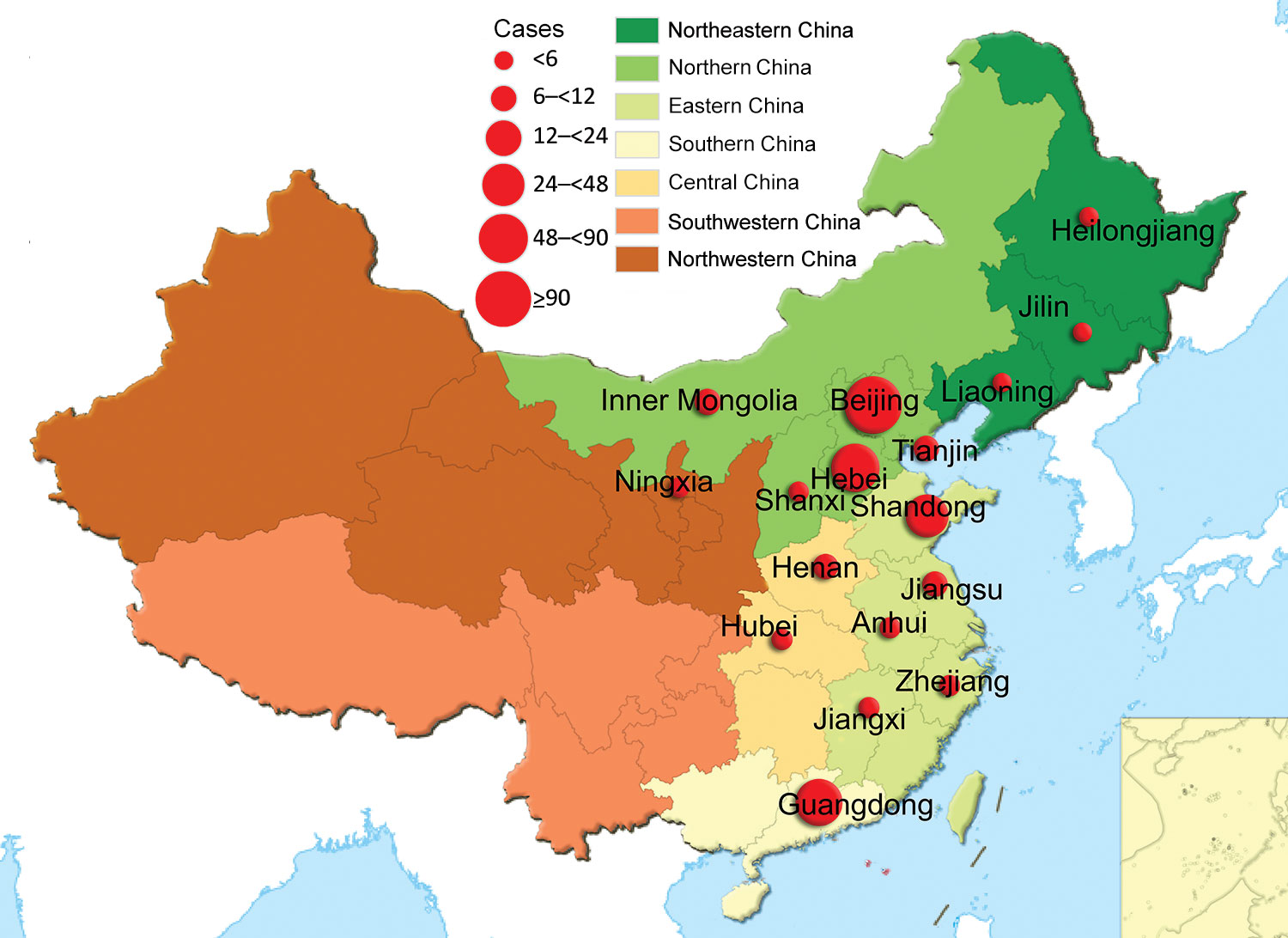 Geographic distribution of 335 patients with pertussis diagnosis, China, 2014–2016. Colors indicate different administrative regions. Red circles indicate numbers of patients; the larger the circle, the more patients in the province.