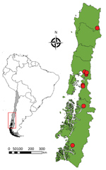 Thumbnail of Locations of probable exposures (red circles) of 9 scrub typhus patients in continental Chile, 2016–2018. Inset map shows the study area (red box) and the location of Chile (grey shading) within South America.