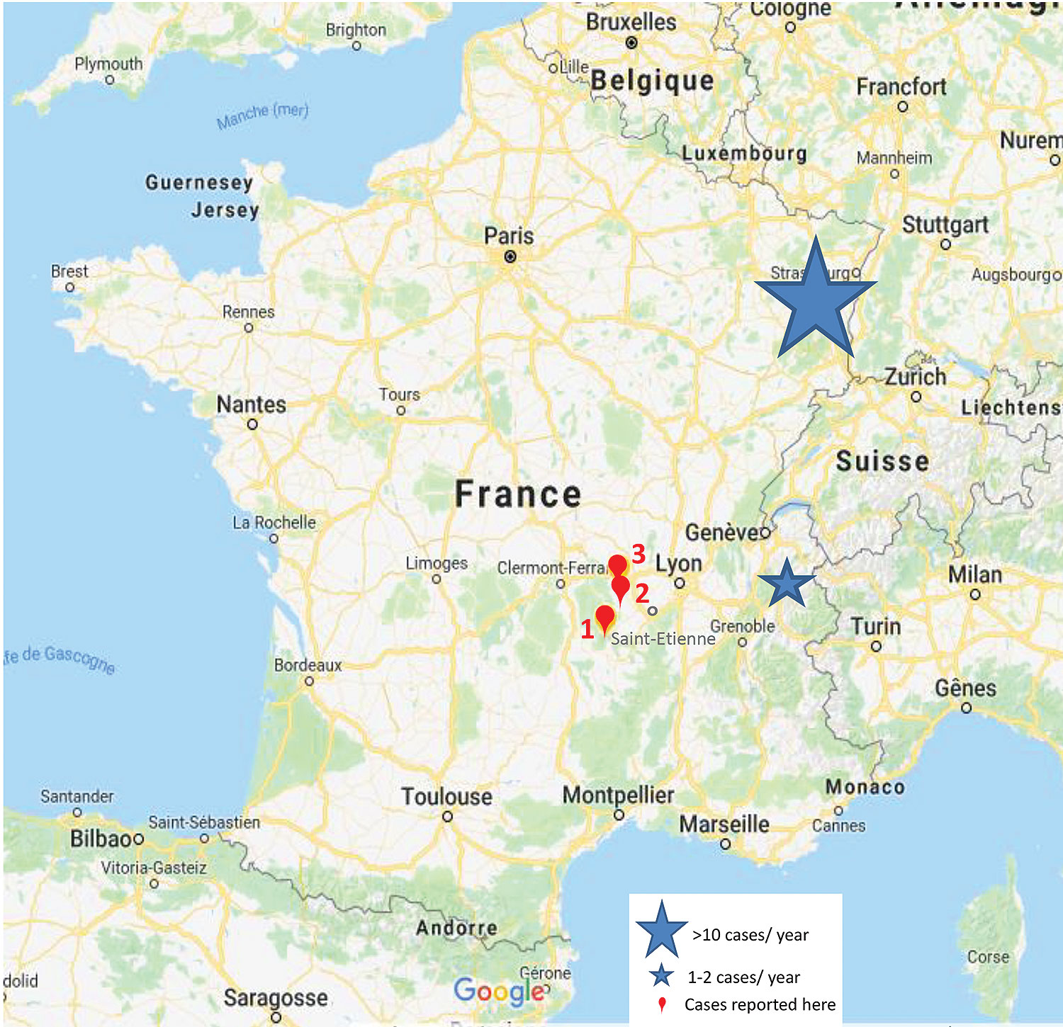 Areas of the Auvergne-Rhône-Alpes region of France visited by 2 patients and inhabited by 1 patient who acquired tick-borne encephalitis during 2017–2018. Red flags and text indicate locations and case-patient numbers.