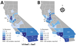 Thumbnail of Geographic distribution of carbapenem resistance among Enterobacteriaceae reported in healthcare-associated infections by hospitals, aggregated by county, California, 2014–2015 (A) and 2016–2017 (B). ALA, Alameda; BUT, Butte; CC, Contra Costa; FRE, Fresno; IMP, Imperial; KER, Kern; KIN, Kings; LA, Los Angeles; MAR, Marin; MON, Monterey; NAP, Napa; ORA, Orange; PLA, Placer; RIV, Riverside; SAC, Sacramento; SBER, San Bernardino; SD, San Diego; SF, San Francisco; SJ, San Joaquin; SM, S