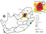 Thumbnail of Location and number of 741 Candida auris candidemia cases at 79 hospitals, including 7 hospitals with neonatal cases, South Africa, 2016–2017. Location data were missing for 53 cases.