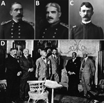 Thumbnail of Prominent public health figures in Puerto Rico during the early 1900s. A) Assistant Surgeon General Arthur H. Glennan, pictured circa 1895. B) Walter W. King, Chief Quarantine Officer of the US Quarantine Station, San Juan, Puerto Rico, pictured in 1915. C) San Juan Health Commissioner William F. Lippett, pictured in 1899. D) From left to right: Puerto Rican tropical medicine physicians Isaac González Martínez and Pedro Gutiérrez Igaravídez met with yellow fever expert Henry Rose Ca
