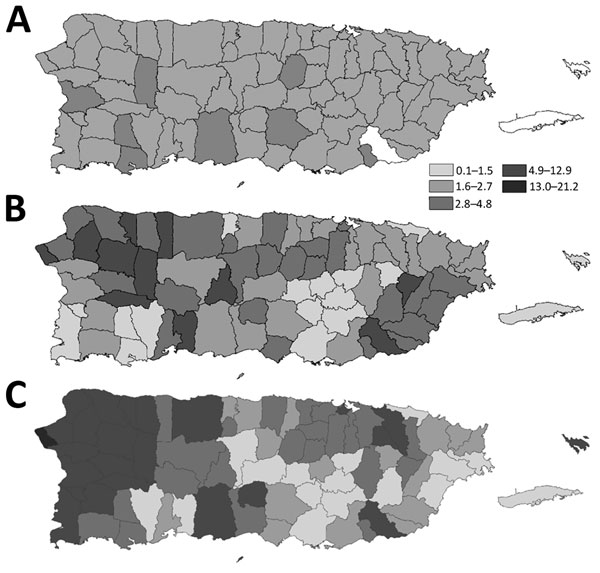Incidence of laboratory-positive dengue cases reported to Puerto Rico Department of Health by municipality during epidemics in 2007 (A), 2010 (B), and 2012–2013 (C).