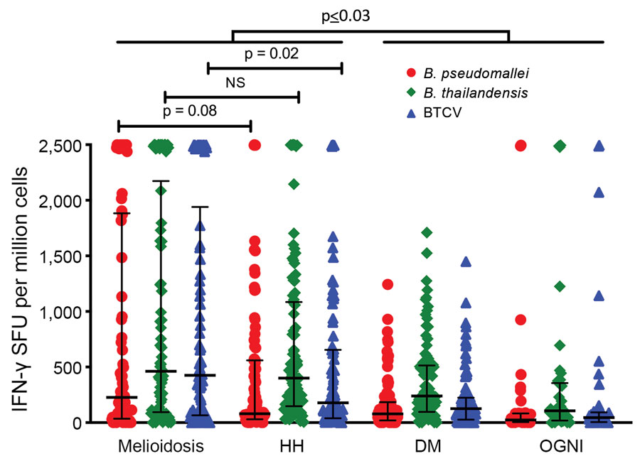 Ex vivo IFN-γ ELISpot responses to Burkholderia pseudomallei, B. thailandensis, and BTCV, Thailand. IFN-γ responses were quantified for acute melioidosis patients (n = 82) and 3 control cohorts: HH, n = 93), diabetic patients (DM, n = 95), and patients with other gram-negative infections (OGNI, n = 42) against whole-cell heat-killed antigens of Burkholderia pseudomallei (BP, red dots), Burkholderia thailandensis (BT, green diamonds), and Burkholderia thailandensis CPS variant (BTCV, blue triangl