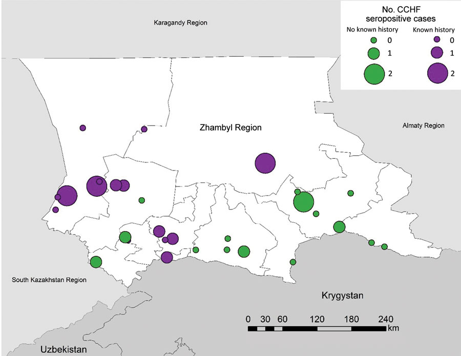 Number of CCHF-seropositive cases in villages included in serologic survey for tickborne diseases, Zhambyl Region, Kazakhstan. Circle size denotes the number of IgG antibody–positive serology results indicating past exposure or IgM antibody–positive serology results indicating recent exposure to CCHF. Purple circles indicate that the village had previous known history of CCHF; green circles indicate the village had no known history of CCHF. CCHF, Crimean-Congo hemorrhagic fever.