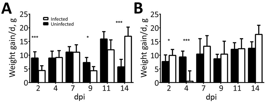 Average weight gain/day of (A) chicks and (B) turkey poults in a study of infection and transmission of porcine deltacoronavirus in poultry. Weights were taken at 2, 4, 7, 9, 11, and 14 dpi and differences were averaged by the number of days between time points. Weights for sentinel birds are excluded after 2 dpi. Error bars indicate upper half of SD. Statistically significant values are indicated: *p&lt;0.05; **p&lt;0.01; ***p&lt;0.001. dpi, days postinoculation.
