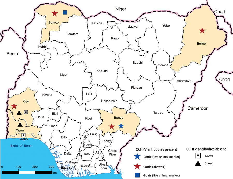 Sample collection sites and distribution of CCHFV antibody-positive and -negative samples in Nigeria. Yellow shading indicates states from which samples were collected. CCHFV, Crimean-Congo hemorrhagic fever virus; FCT, Federal Capital Territory. 