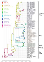 Thumbnail of Phylogenetic reconstruction of transcontinental spread of Vibrio parahaemolyticus sequence type 36, North America, Peru, and Spain, 1985–2016. Timeline was estimated with BEAST (https://beast.community) by applying a Bayesian skyline demographic model and uncorrelated lognormal molecular clock. Single-nucleotide polymorphisms were identified in core genomes after the removal of recombination. Branch colors represent the most probable geographic origin of the last common ancestor of 