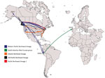 Thumbnail of Transcontinental spread of Vibrio parahaemolyticus sequence type 36, North America, Peru, and Spain, 1985–2016. Timeline was estimated by using BEAST (Bayesian evolutionary analysis by sampling trees). Years on map indicate the inferred dates of arrival of V. parahaemolyticus sequence type 36 to that country. Old Pacific Northwest is the ancestral population (last strain identified in 2002) of the Pacific Northwest lineage complex, which also includes the modern (i.e., currently cir