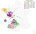 Thumbnail of Spatial distribution of the 15 largest live-duck trade communities, France, November 1, 2016–March 31, 2017.