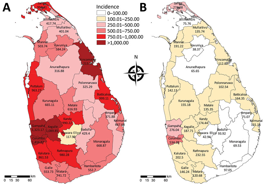 Comparison of dengue incidence rates per district in 2017 with the 5-year (2012–2016) average, Sri Lanka. A) Incidence rate in 2017. B) Historical mean incidence rate during 2012–2016. Incidence is cases per 100,000 population. Source: (7).