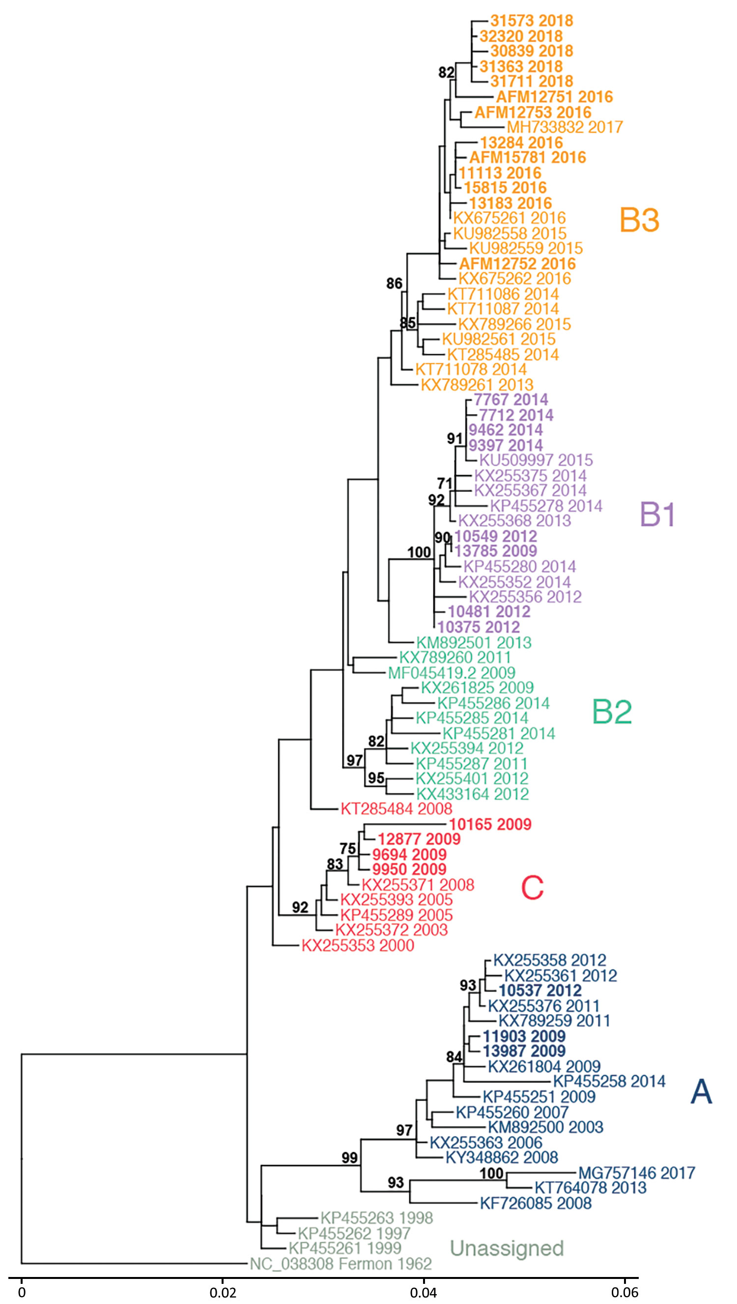 Phylogenetic relationships between Philadelphia whole enterovirus D68 (EV-D68) genomes, including AFM cases, Philadelphia, Pennsylvania, USA, 2009–2018. EV-D68 polyprotein sequences from GenBank (n = 55) and this study (n = 28) were used to build a maximum-likelihood tree. EV-D68 clades, defined in prior publications, are indicated. Sequences from this study are indicated in bold, and AFM cases are indicated with that prefix. AFM, acute flaccid myelitis. Scale bar indicates nucleotide substituti
