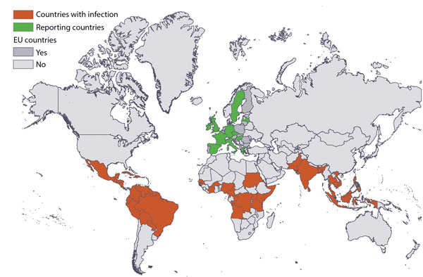 Risks related to chikungunya infections among EU travelers, 2012–2018. Countries with infection and reporting countries are indicated. Map produced on January 8, 2020. Administrative boundaries were obtained from EuroGeographics and the United Nations Food and Agriculture Organization. EU, European Union.