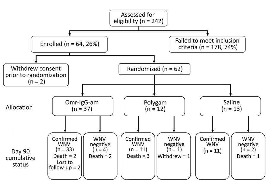 Patient enrollment, allocation, and final status in study of treatments for West Nile virus central nervous system disease.