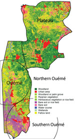 Thumbnail of Land use and land cover assessment from Sentinel-2 imaging of Benin. The Ouémé region has specific land and plant formations, such as grassy savanna, grasslands, and swamps. Soils easily become saturated with water because of a shallow water table and the proximity of a river, which causes floods and a natural delta formation in the south of the region. Circles indicate the detected northern and southern Ouémé Mycobacterium ulcerans clusters.