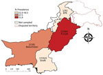 Thumbnail of Seroprevalence of severe fever with thrombocytopenia syndrome virus in 4 provinces of Pakistan determined on the basis of ELISA detection. Numbers on map indicate microneutralization test–positive samples/total number of samples collected from the respective provinces. KPK, Khyber Pakhtunkhwa.
