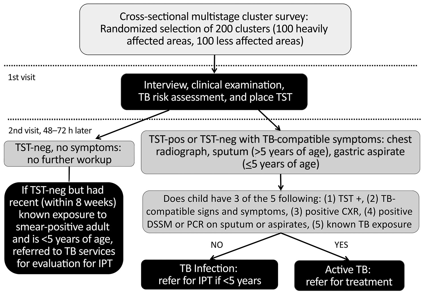 Procedures and decision tree for enrollment of study participants during community-based cluster survey of TB in children in areas affected by 2013 natural disasters, Bohol, Philippines. Positive result on chest radiograph means evidence of infiltrates, consolidation, or cavitary lesions suggestive of TB disease. DSSM, direct sputum smear microscopy; IPT, isoniazid preventive therapy; neg, negative; pos, positive; TB, tuberculosis; TST, tuberculin skin test.
