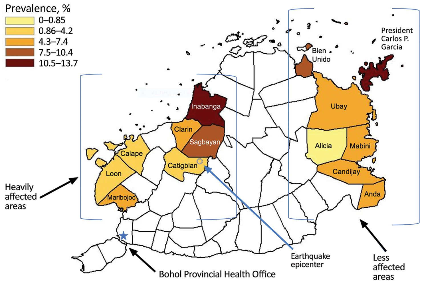 Prevalence of tuberculin skin test positivity by municipality obtained in study of tuberculosis in children in areas affected by 2013 natural disasters, Bohol, Philippines, 2016–2018. Epicenter of 2013 earthquake is indicated.