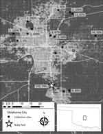 Thumbnail of Locations where ticks of the Amblyomma maculatum group were collected (dots) in Oklahoma City, Oklahoma, USA. Numbers of A. maculatum ticks collected and percentage infected with Candidatus R. andeanae are indicated. Star indicates location where Rickettsia parkeri–infected ticks were collected. Figure constructed with ArcMap from highway data from the Environmental Systems Research Institute (Redlands, CA) and the US Geological Survey National Land Cover Database.