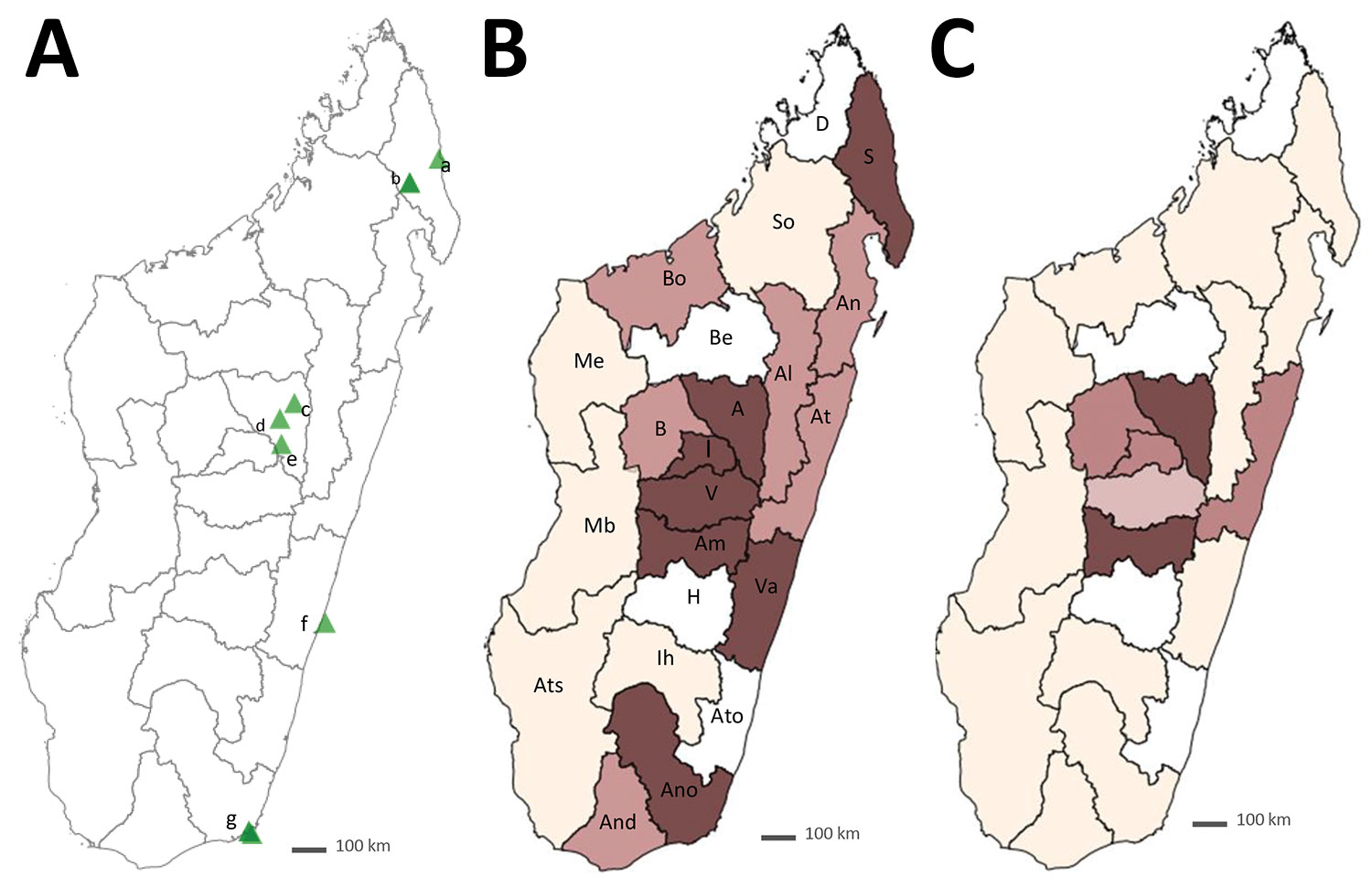 Recruitment of patients with chronic cutaneous and subcutaneous lesions and annual prevalence of sporotrichosis, Madagascar, March 2013–June 2017. A) Recruitment sites. Sava Region: a) Centre Hospitalier de Référence Régionale, Sambava District; b) Centre Hospitalier de District and Hôpital Adventiste, Andapa District; Analamanga Region: c) Centre de Santé de Base, Alakamisy-Anjozorobe, Anjozorobe District; d) Centre Hospitalier Universitaire Joseph Ravoahangy Befelatanana,  Antananarivo Distric