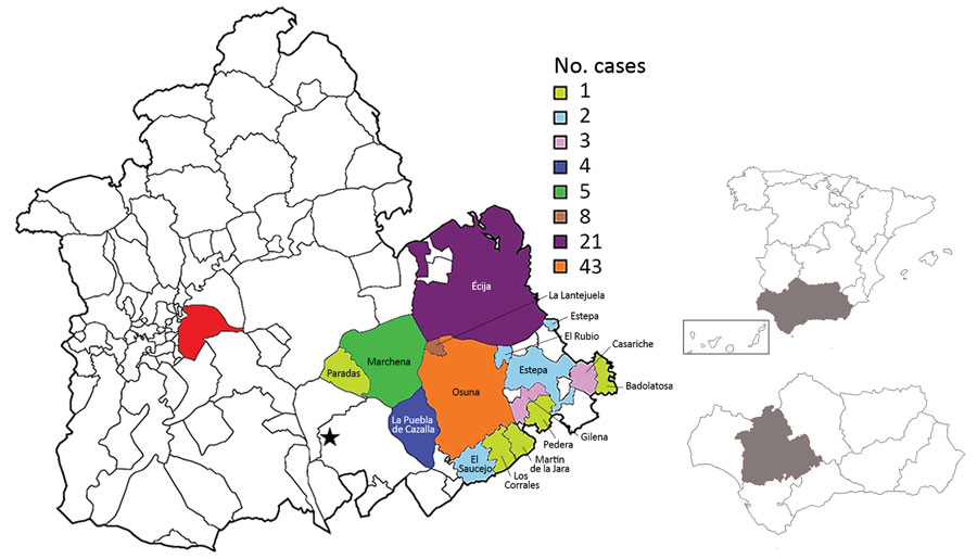 Geographic distribution of tick-borne relapsing fever cases, Spain, 1994–2016. Red indicates city of Seville; star indicates Morón de la Frontera meteorological station. Inset maps show locations of southwestern Spain and Seville Province (gray shading).