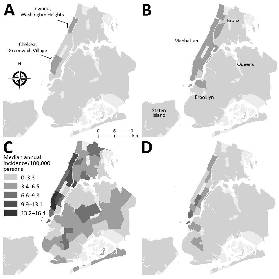 Median annual cryptosporidiosis incidence (cases/100,000 persons) by community district (CD), New York City New York, USA, 1995–2018. A) All persons, age-adjusted, 2000–2014, showing CDs that include Chelsea (Chelsea, Clinton, Hudson Yards) and Greenwich Village (Greenwich Village, Hudson Square, Little Italy, NoHo, SoHo, South Village, West Village). B) All persons, age-adjusted, 2015–2018. C) Men 20–59 years of age, 2015–2018. D) All persons &lt;20 years of age and men &gt;59 years of age, 201