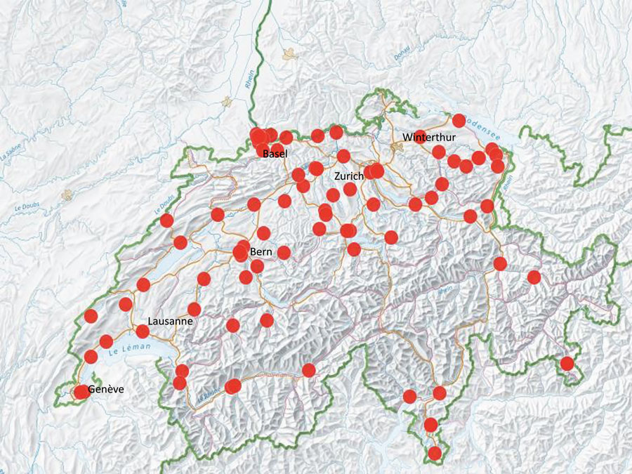 Distribution of centers participating in a prevelance study comparing molecular and toxin assays for nationwide surveillance of Clostridioides difficile, Switzerland. Red circles represent location of participating centers.
