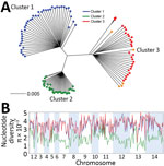 Thumbnail of Genomewide analysis of diversity in Plasmodium knowlesi clinical samples from Peninsular Malaysia compared with samples from elsewhere. A) Neighbor-joining tree based on a pairwise genetic distance matrix between individual P. knowlesi infection samples for the 28 new clinical samples from Peninsular Malaysia (shown in red), 5 previously sequenced laboratory isolates (shown in orange), most of which were originally isolated from Peninsular Malaysia many years ago (15), and 74 sample