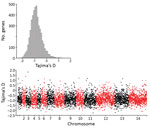 Thumbnail of Summary of nucleotide site allele frequency distributions by Tajima’s D indices for all 4,742 Plasmodium knowlesi genes with &gt;3 SNPs among the 28 cluster 3 P. knowlesi infections in Peninsular Malaysia. A) Overall values were negatively skewed with a mean Tajima’s D of −0.86, consistent with a pattern that would be caused by long-term population size expansion. B) Data for all individual genes show that those with high Tajima’s D values are distributed throughout the genome. Some