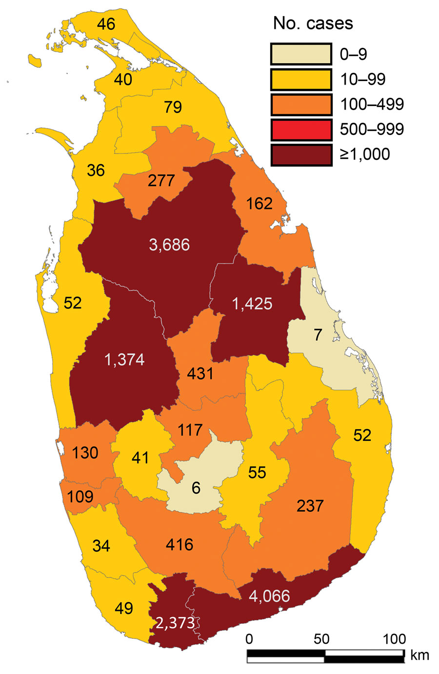 Reported leishmaniasis cases by district, Sri Lanka, 2001–2018. 