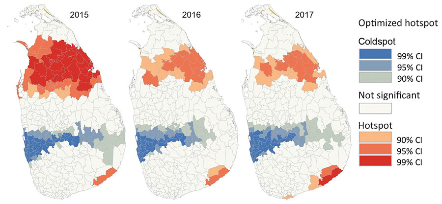 Optimized hotspots and coldspots of leishmaniasis in districts of Sri Lanka during 2015–2017. Hotspots and coldspots were calculated by using the Optimized Hot Spot Analysis tool of ArcGIS (Esri, https://www.arcgis.com); hotspots had large positive z-scores and coldspots had negative z-scores. 