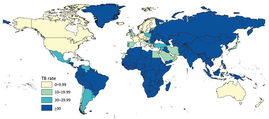TB rates (per 100,000 population) worldwide, according to World Health Organization reports, 2014. TB, tuberculosis.