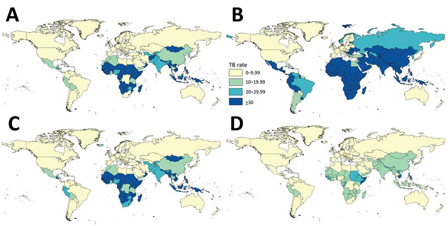 TB rates (per 100,000 population) in the United States, by country of birth and time from US arrival to TB diagnosis, 2012–2016. A) Persons born abroad by their country of birth (note that rates could not be calculated for 1 country); B) persons by their country of birth who lived in the United States &lt;1 year before diagnosis; C) persons by their country of birth who lived in the United States &gt;1 to &lt;10 years before diagnosis; D) persons by their country of birth who lived in the United