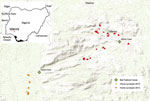 Thumbnail of Locations of festival caves and households enrolled in 2 community surveys and a bat hunter survey of bat exposures, Idanre area, Nigeria, 2010 and 2013. Inset map shows location of Idanre area within Nigeria.