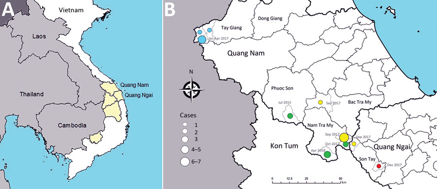 A) Provinces where diphtheria cases were identified in Vietnam in 2010s. Diphtheria cases were reported from provinces (shaded) neighboring Laos or Cambodia. B) Laboratory-confirmed diphtheria cases in highland districts of Quang Nam Province and Quang Ngai Province, central Vietnam, 2015–2018. Colored circles indicate separate outbreaks. Source: https://gadm.org/download_country_v3.html