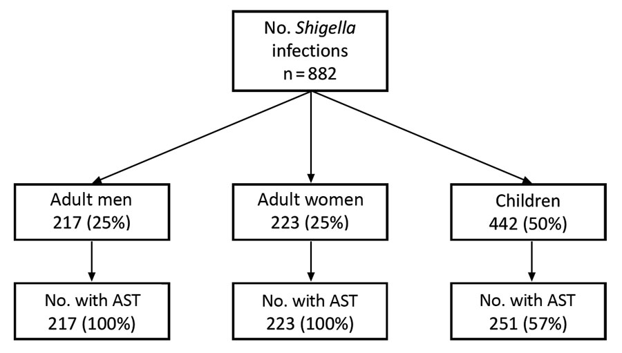 Number of Shigella isolates for which AST was conducted, by demographic group among isolates received at the Minnesota Department of Health, 2012–2015. AST, antimicrobial susceptibility testing.