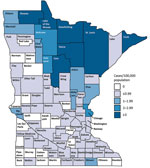 Thumbnail of Average annual incidence of blastomycosis by county, Minnesota, USA, 1999–2018.