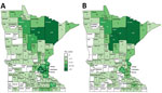 Thumbnail of Blastomycosis cases, by county of residence (A; n = 670) and probable county of exposure (B; n = 463), Minnesota, USA, 1999–2018.
